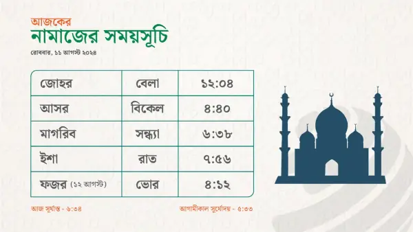 নামাজের সময়সূচি - ১১ আগস্ট ২০২৬